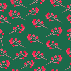 branch with red berries seamless pattern watercolor illustration isolated on green background base for holiday card design textile tableware