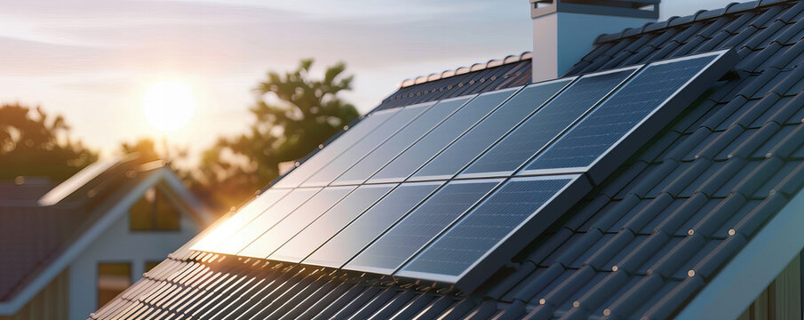 A detail of the solar elektric pannels on the roof at house, Modern and low energy concept of the houses.