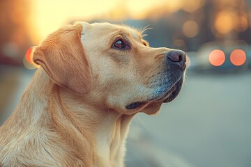 A golden labrador dog sits calmly on the side of the road, looking alert and obedient - Powered by Adobe