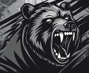 A black and white vector logo of the head of an angry bear with its mouth open showing its teeth,