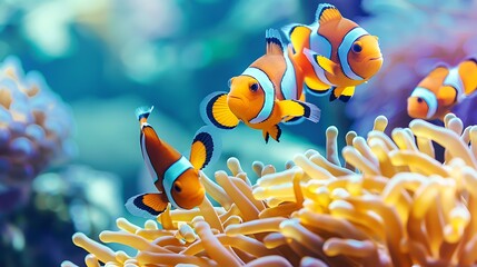 A group of colorful clownfish darting in and out of anemone tentacles for protection.