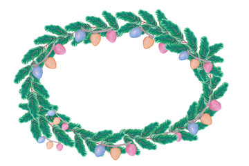 Christmas coniferous branch with garland oval frame watercolor illustration isolated on white background base for holiday card design textile tableware