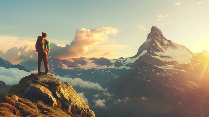 Fototapeta premium Golden Hour Mountain Climber Sunset - on Rocky Peak