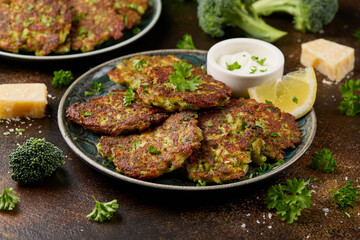 Fototapeta premium Fried Broccoli fritters or pancakes with parmesan and mozzarella cheese