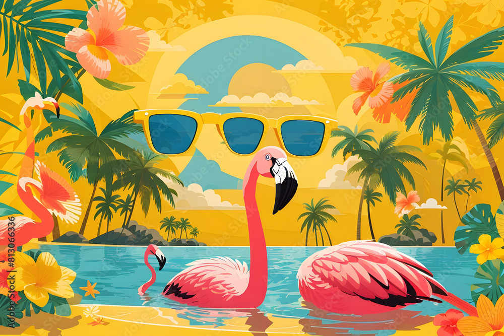 Fototapete summer holiday greeting vector design. hello, summer text in yellow pattern background design with b