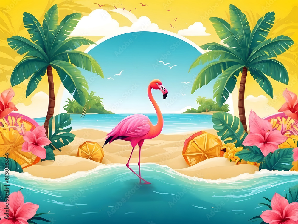 Fototapete summer holiday greeting vector design. hello, summer text in yellow pattern background design with b