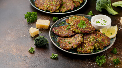 Fried Broccoli fritters or pancakes with parmesan and mozzarella cheese