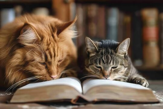 Two cats sitting in front of a bookcase, each reading a book, with one paw on the pages and the other supporting the book