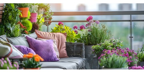 Fototapeta premium Aesthetic Balcony Decorated with Colorful Plants and City Backdrop. Concept Balcony Decor, Colorful Plants, City Backdrop, Aesthetic Design, Outdoor Space