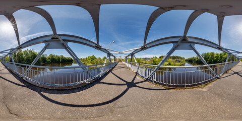full seamless spherical 360 hdri panorama on iron steel frame construction of pedestrian bridge...