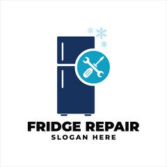 Modern Minimalist Home Appliance Refrigerator Store Logo with Wrench . Appliance Fix Logo Blue, Vector, Illustration, Background, Banner, Sign, Symbol.