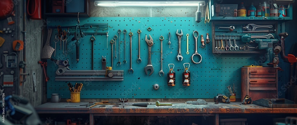 Aufkleber Tool board with tools in a bike mechanic workshop. Tools hanging on the wall in front the workshop.