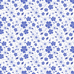 Seamless pattern in the style of Ditzy Liberty in white and blue tones. A simple modern drawing. Floral texture for textiles and clothing design. Vector botanical print.
