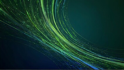 Abstract, line swoosh forms, sharp focus, green and blue light going different directions, green background, Transparente, iridiscente, circular, translúcidos