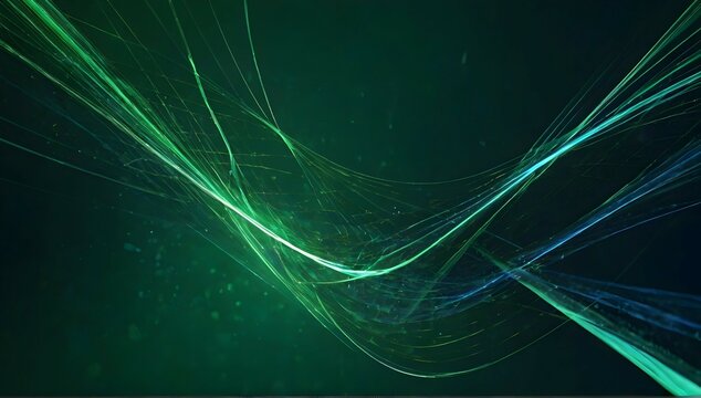Abstract, line swoosh forms, sharp focus, green and blue light going different directions, green background, Transparente, iridiscente, circular, transl&uacute;cidos