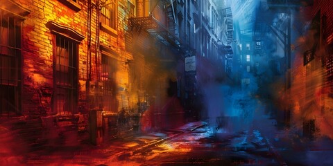 Create a traditional art piece depicting a gritty city alleyway scene. Concept Urban Art, Gritty City Lifestyle, Street Photography, Urban Decay, Traditional Art Piece