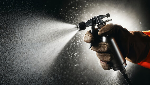 Close-Up of a Hand in Safety Gear Using a Spray Nozzle Against a Dark Background