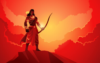 Indian mythology series, majestic presence of Lord Rama in this vector illustration, depicting the revered Hindu deity standing gallantly atop a mountain against a dramatic cloudscape background 