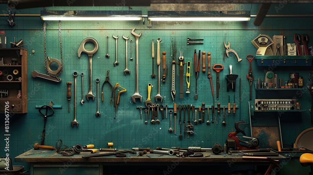 Poster tool shelf against a table and wall, vintage garage style. tools arranged in the workshop.