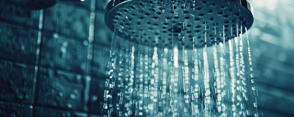 A close up of the rain shower head streaminf the water. Rainshower modern design.