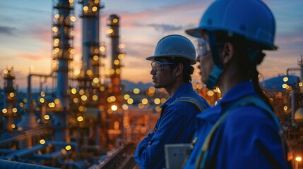 Two engineers engaged in discussion against the backdrop of an oil refinery, power plant, and the setting sun