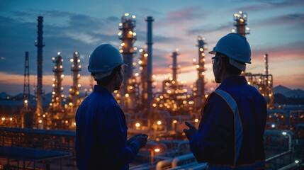 Two engineers engaged in discussion against the backdrop of an oil refinery, power plant, and the setting sun