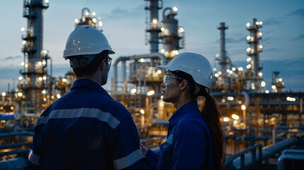Two engineers engaged in discussion against the backdrop of an oil refinery, power plant, and the setting sun