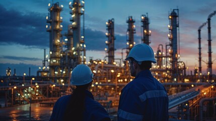 Two engineers engaged in discussion against the backdrop of an oil refinery, power plant, and the setting sun