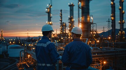 Two engineers engaged in discussion against the backdrop of an oil refinery, power plant, and the setting sun