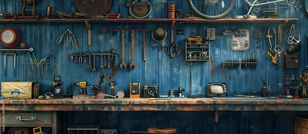 Poster bicycle tools background, tools hanging on the wall in front the workshop.
