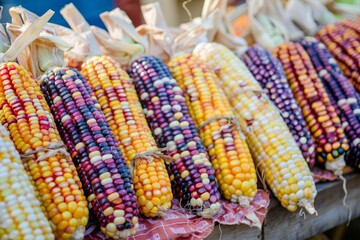 Vibrant indian corn cobs arranged on a rustic table for sale at a local market