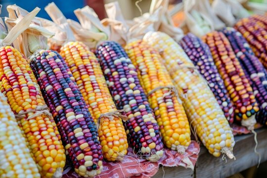 Vibrant indian corn cobs arranged on a rustic table for sale at a local market