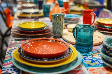 Vibrant assorted ceramic plates, bowls, and cups arranged on a patterned tablecloth
