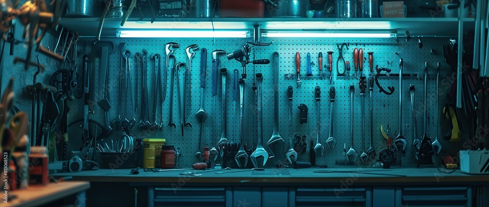 Aufkleber Tools hanging on the wall in front the workshop. Tool board with tools in a bike mechanic workshop.