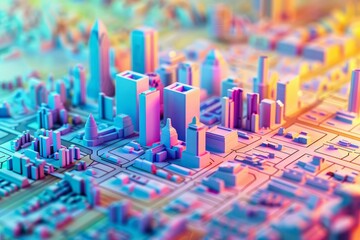 Vibrant 3d illustration of a miniature city with illuminated buildings in a soft focus