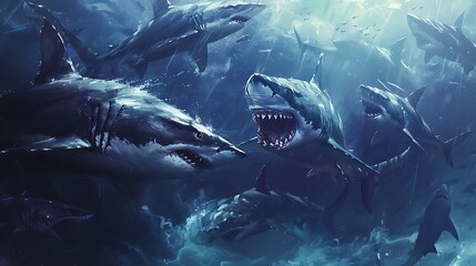 A group of sleek and powerful sharks circling a bait ball, their sharp teeth gleaming as they feed on the panicked fish.