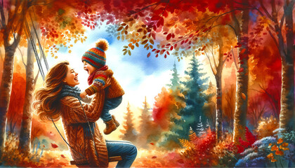 The image depicts a joyful mother playing with her son on a swing in a vibrant autumn park.