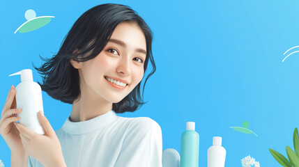 Radiant Beauty: Asian Woman Promoting Skincare Products on a Blue Background