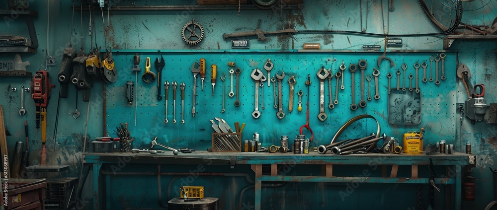Poster tool shelf against a table and wall, vintage garage style. tools in a bike mechanic workshop.
