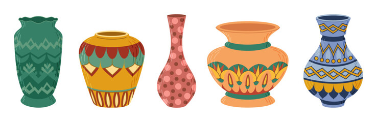 Colored ceramic vases set. Porcelain vase for flowers, antique pottery, floral and abstract patterns. Vase pottery for decoration. Trendy flat style isolated on white. Vector illustration