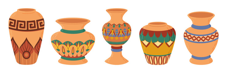 Colored ceramic vases set. Porcelain vase for flowers, antique pottery, floral and abstract patterns. Vase pottery for decoration. Trendy flat style isolated on white. Vector illustration