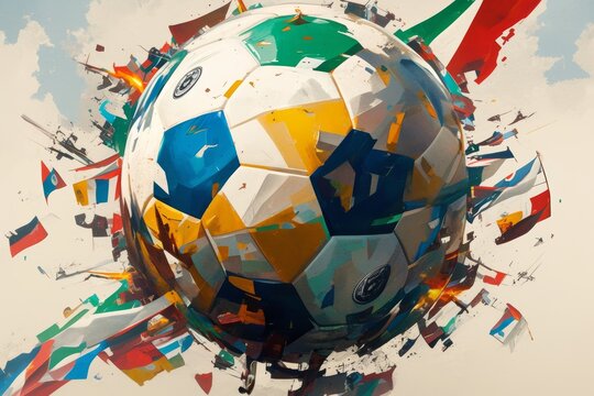 Dynamic Football Artwork Illustrating Global Team Logos and Branding Influence
