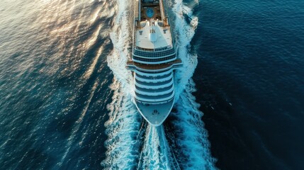 Aerial view of cruise ship on high speed over clean blue ocean. Generated AI image