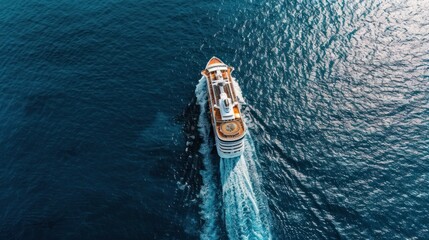 Aerial view of cruise ship on high speed over clean blue ocean. Generated AI image