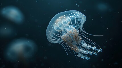 A mesmerizing jellyfish pulsating gently in the currents of the ocean, its translucent body glowing softly in the darkness.