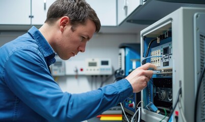 A focused male technician working diligently on repairing complex electronic machinery in a lab.
