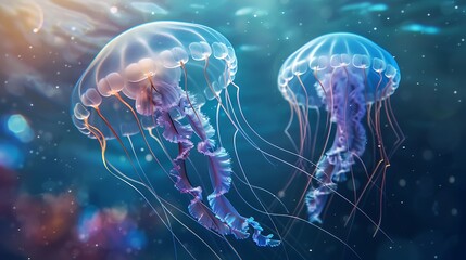 A pair of graceful jellyfish drifting lazily in the gentle currents of the ocean, their translucent bodies glowing in the sunlight.