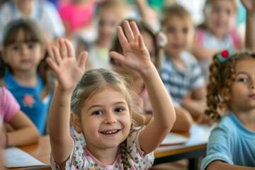Fototapeta premium Engaged young girl raises hand in vibrant classroom full of diverse schoolchildren
