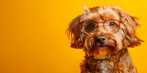 Smart dog wearing glasses with a geeky background. Concept Pet Fashion, Geek Chic, Smart Pup, Furry Friend, Cool Canine