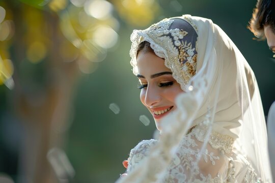 Joyful Turkish bride in ornate hijab smiling warmly, natural light creating a glowing effect.